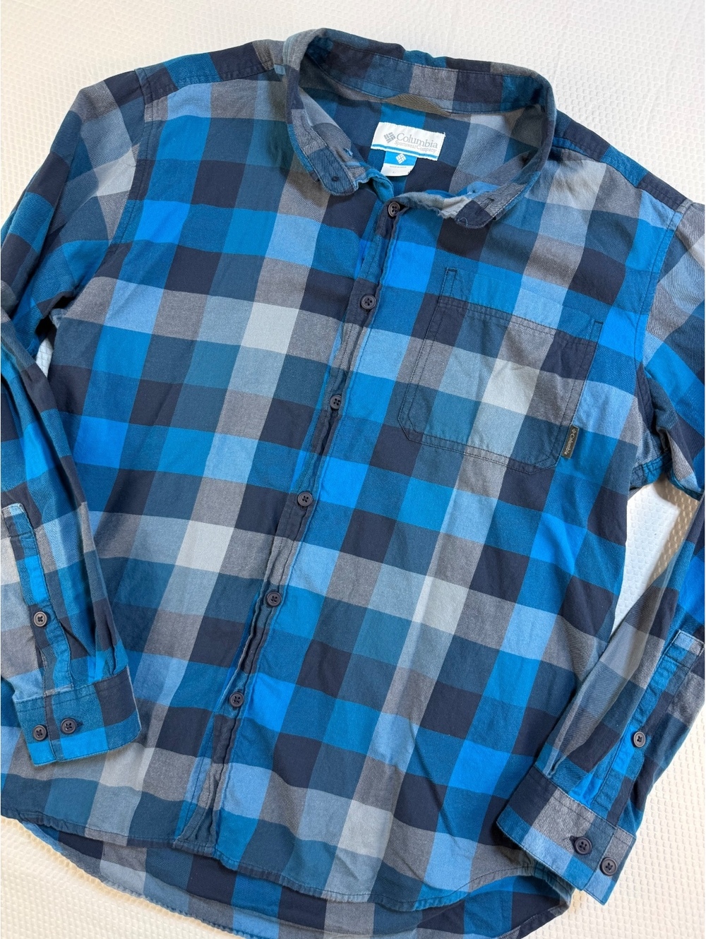 Columbia Out and Back II Mens L Blue Plaid Flannel Shirt Cotton Outdoors